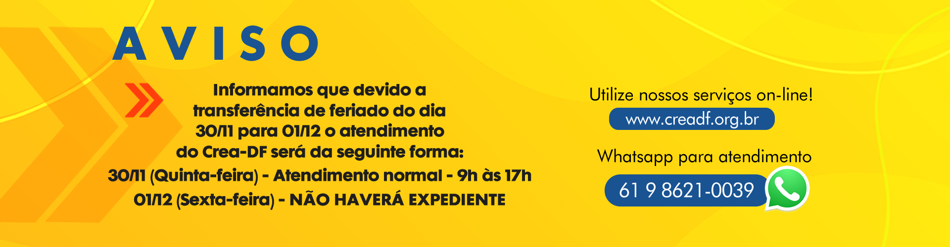 Aviso horário Crea-DF feriado
